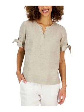 Charter Club Neutral Tie-Sleeve Split V Blouse linen blouse Sz PS